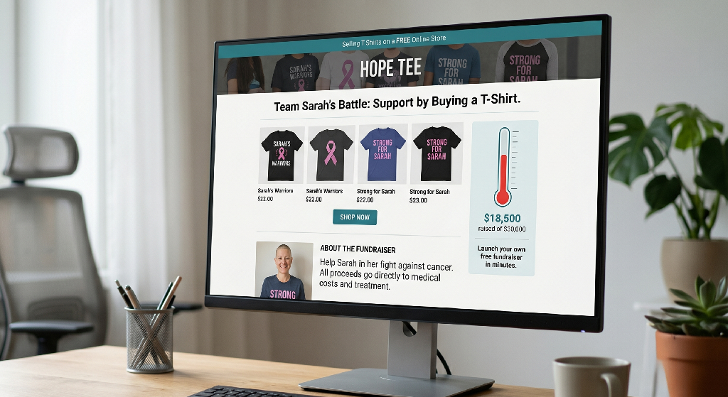A computer monitor displays a free online store to fundraise for someone with cancer, featuring t-shirt designs, a donation progress bar, and details about selling t-shirts to support Sarah’s battle against cancer.