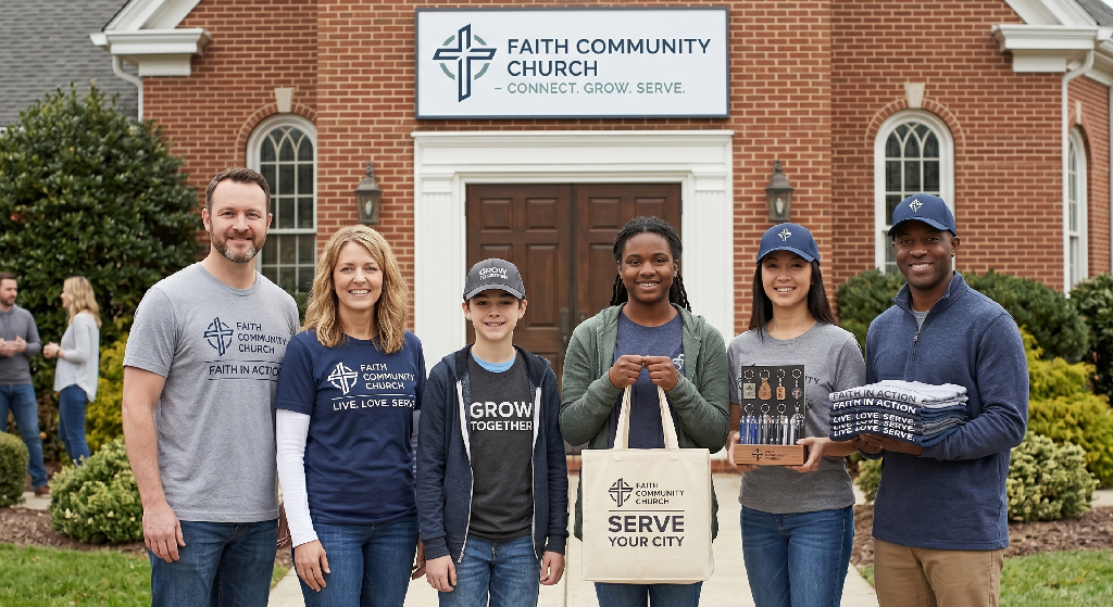 A diverse group of six people smiles outside Faith Community Church, holding church promotional items like tote bags, towels, and mugs featuring the church logo. The church building and sign are visible in the background.
