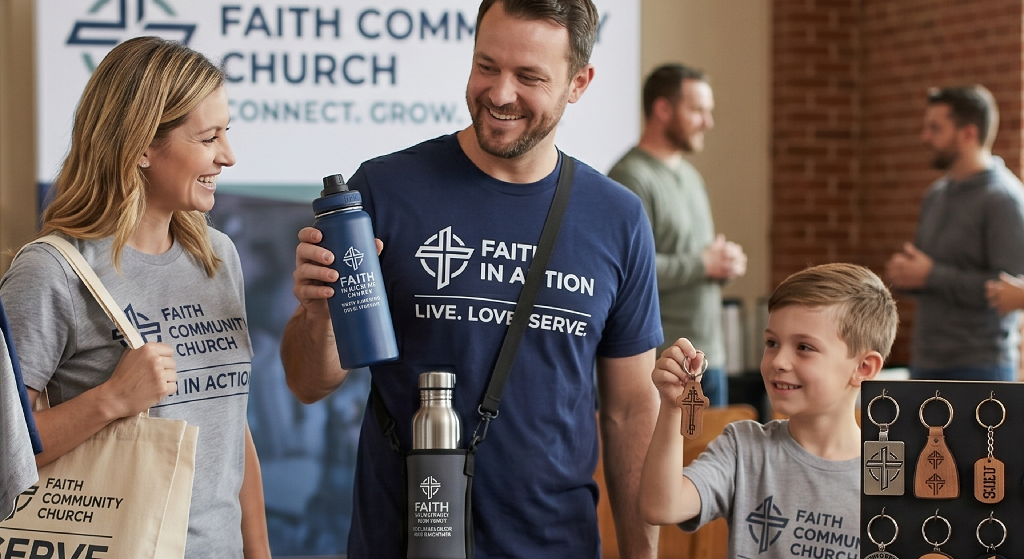 A smiling family stands at a church welcome booth, wearing matching Faith in Action shirts. The boy holds a keychain, while the adults hold drink bottles—showcasing promotional products for churches—with keychains displayed and a church banner in the background.
