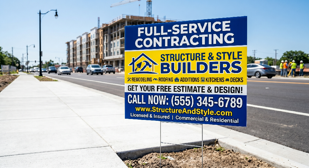 A Yard Signs display for Structure & Style Builders offers full-service contracting—including remodeling and roofing—with contact info, positioned on a sidewalk beside a busy street and active construction site.