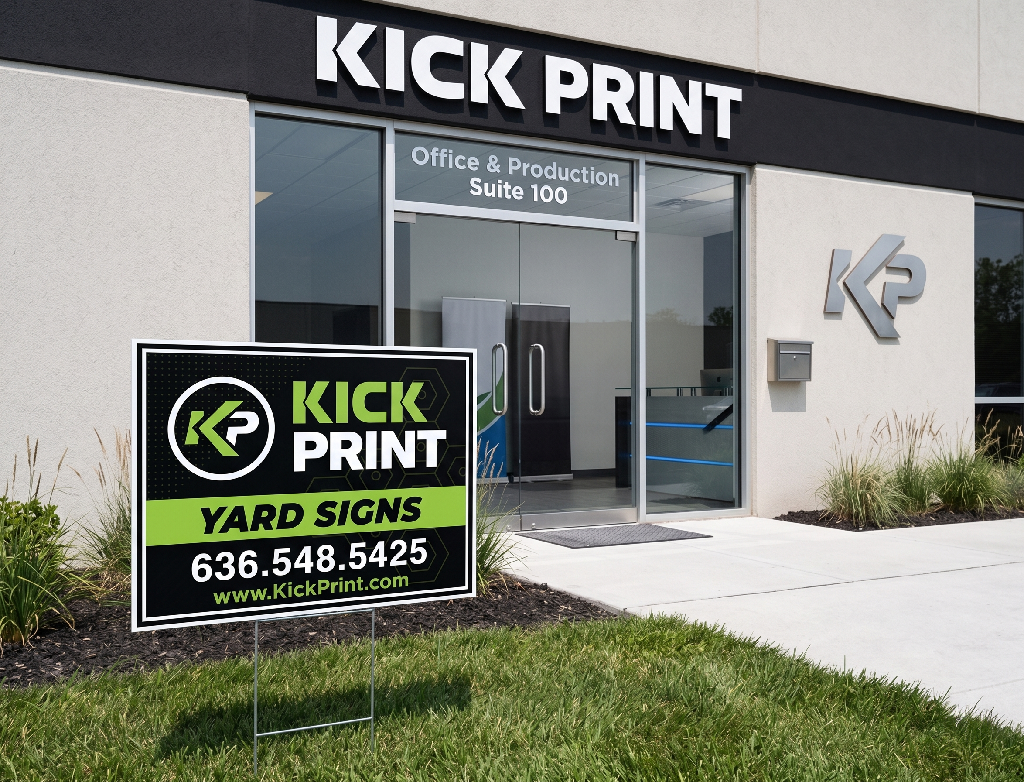 A Yard Signs display is featured in front of the Kick Print office and production suite, showcasing the company logo on glass doors and a neatly landscaped entrance.