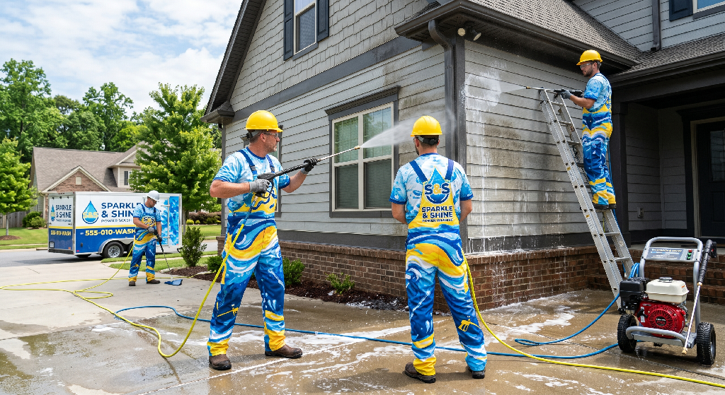 Four workers in matching blue and yellow apparel from power washing companies clean a house exterior. One is on a ladder, another uses a hose, while their van and equipment are visible in the background.