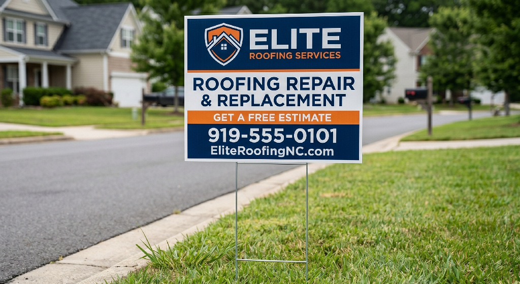 A yard sign advertising Elite Roofing Services for roofing repair and replacement helps roofers promote business. The sign features a phone number, website, free estimates, and sits in front of suburban houses with a street in the background.