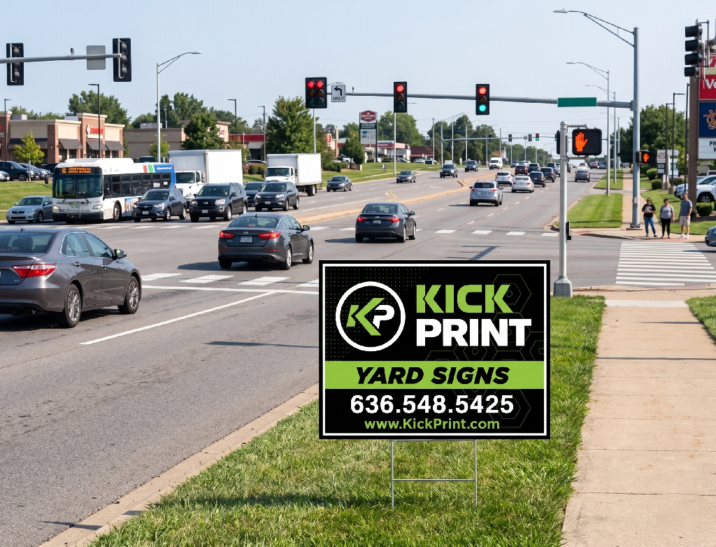 A roadside yard sign promotes Kick Print Yard Signs with a phone number and website, set on a grassy patch near a busy street lined with cars, traffic lights, and local businesses in the background.