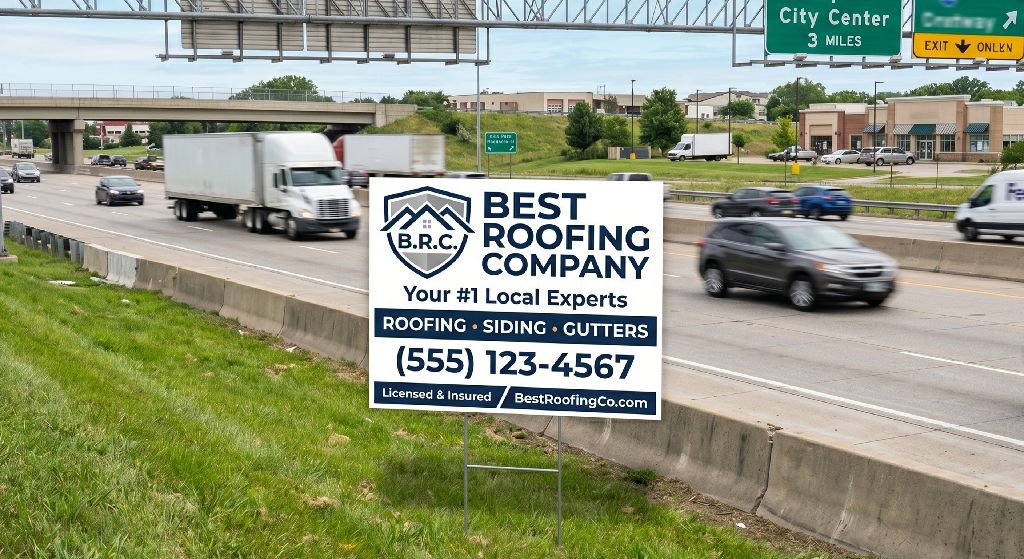 A Yard Sign for Best Roofing Company stands beside a busy highway, advertising roofing, siding, and gutters with a phone number and website. Cars and trucks drive by, and a green city center exit sign is visible above the road.
