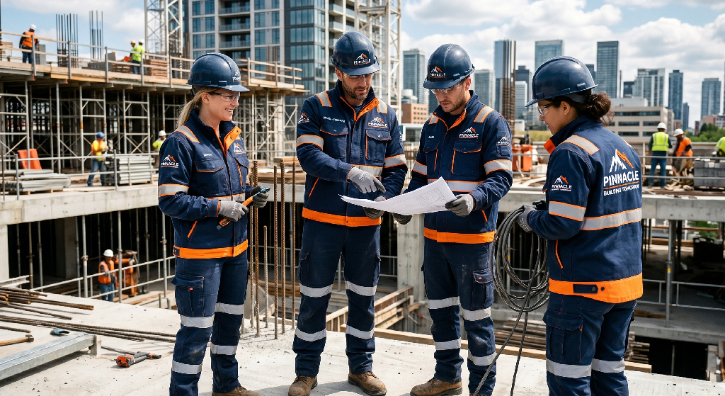 Four construction workers in Cintas Uniforms and helmets stand on a building site, reviewing blueprints together. High-rise buildings and additional workers are visible in the background under a partly cloudy sky.