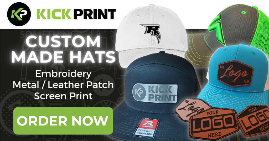 Promotional banner for KickPrint custom hats, featuring St. Louis-inspired designs with embroidered, metal, and leather patches. Text spotlights custom made hats and includes a green “Order Now” button.