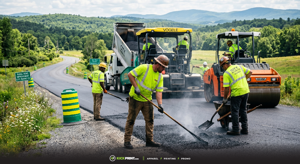 Road construction workers in high visibility shirts use shovels to spread asphalt beside heavy machinery, including a paver and roller, on a rural road with trees and hills in the background.