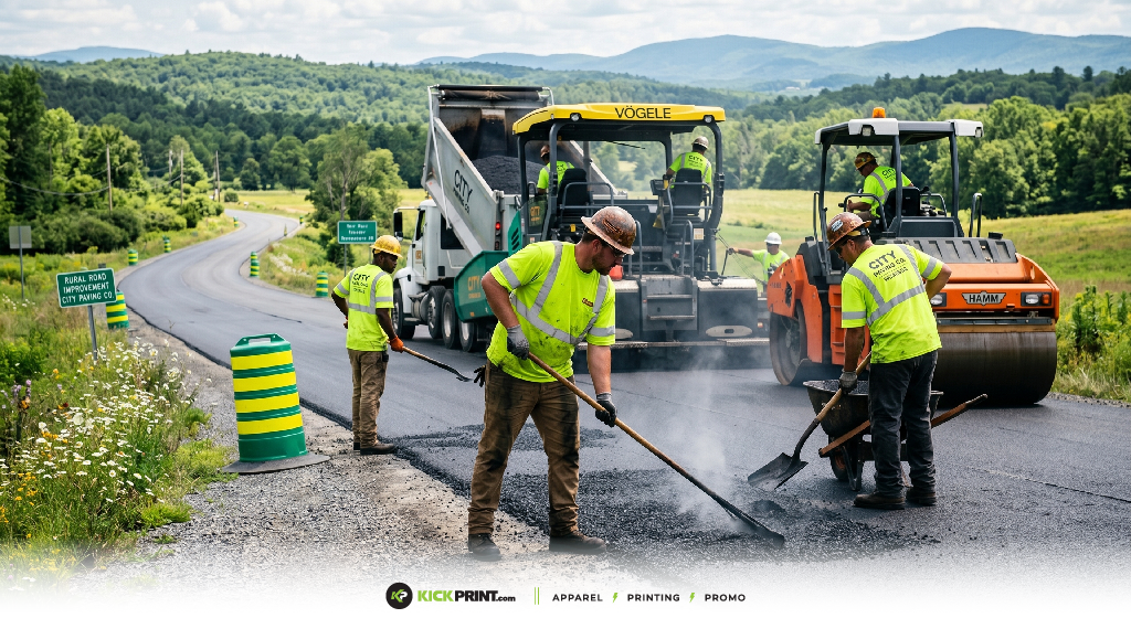 Construction workers in high visibility shirts from the best paving companies pave a rural road with machinery and tools on a sunny day, surrounded by green fields, trees, and hills in the background.