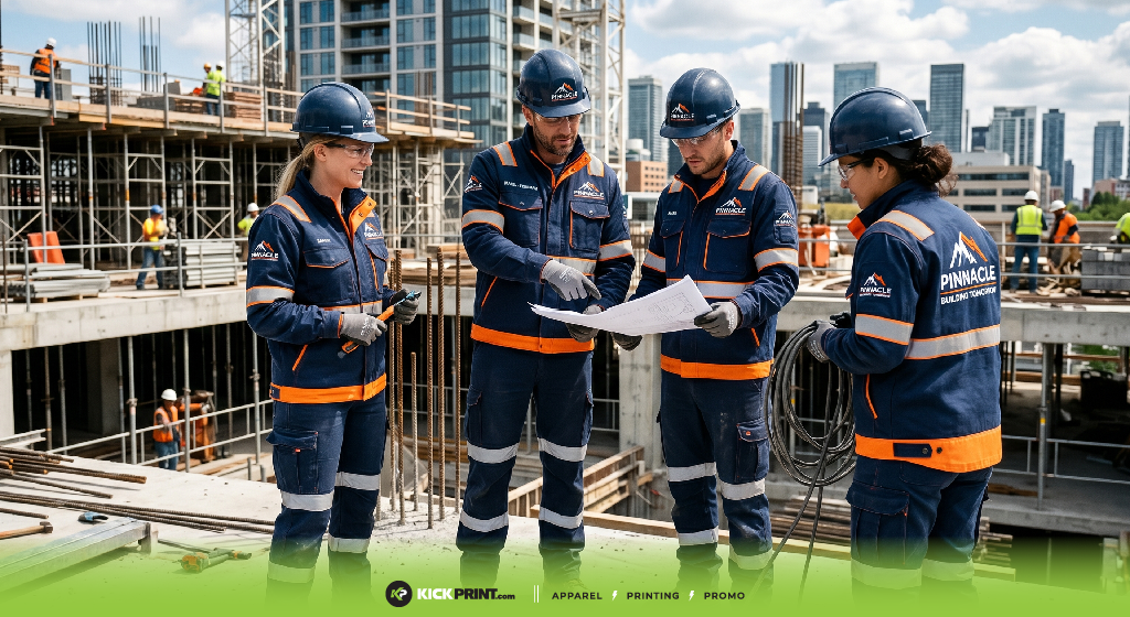 Four construction workers wearing Cintas Uniforms and safety gear discuss blueprints at a building site, surrounded by unfinished structures and city skyscrapers in the background.