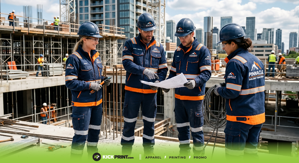 Four construction workers in safety gear and Cintas Uniforms review blueprints at an active building site, with modern high-rise buildings in the background and other workers visible on scaffolding.