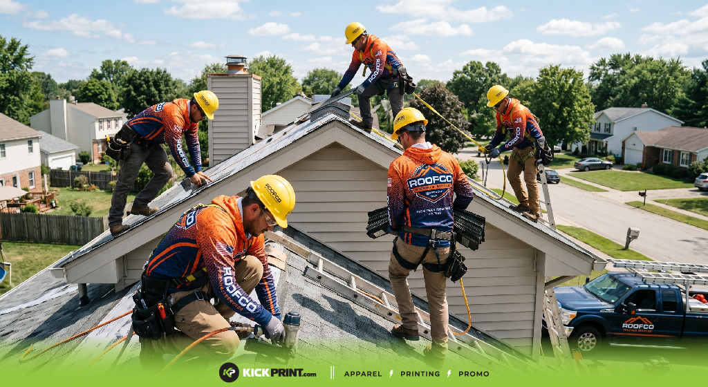 Five construction workers in safety gear and matching ROOFCO shirts created with full dye sublimation are installing shingles on a suburban house roof. Trees, houses, and a ROOFCO truck appear in the background beneath a blue sky.