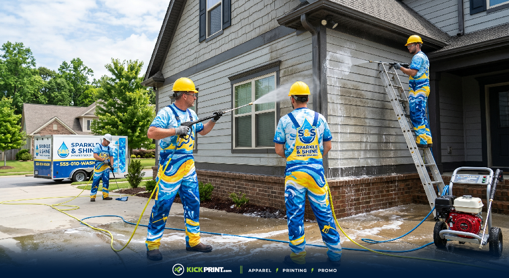 Four workers in matching yellow helmets and custom apparel pressure wash a house exterior. One stands on a ladder, another uses a hose on the siding, and a branded van is parked nearby, showcasing power washing companies apparel.