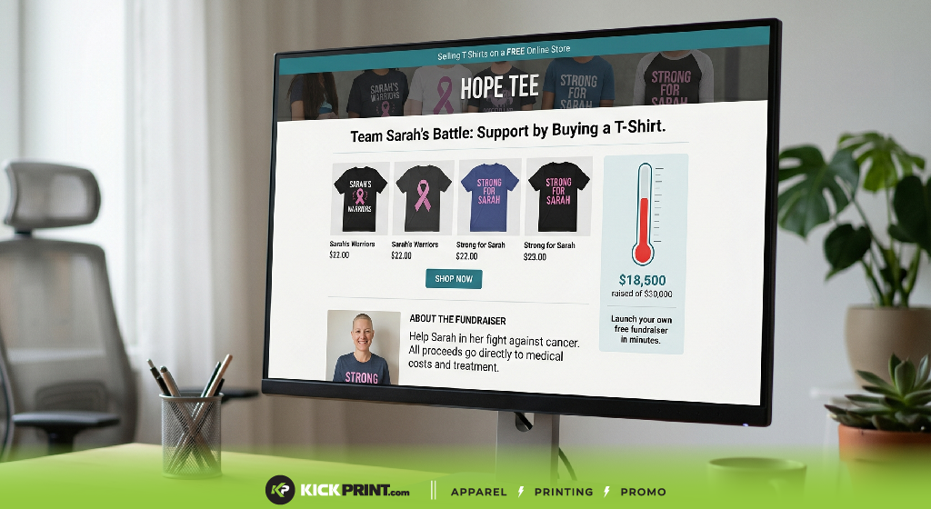 A computer monitor displays a free online store fundraising page for Team Sarah’s Battle, selling T-shirts to fundraise for cancer, with a donation progress bar. The KickPrint logo and office items are visible in the background.