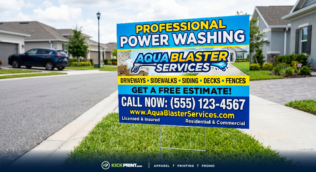 A yard sign on a suburban lawn advertises Aqua Blaster Services for professional power washing of driveways, sidewalks, siding, decks, and fences—showcasing how Yard Signs can attract clients—with a phone number and website for free estimates.