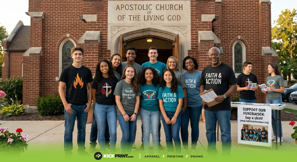 A diverse group of smiling people, including members of the Apostolic Youth Group, stands in front of a brick church building with a sign reading Apostolic Church of the Living God, promoting their fundraiser and donation box to raise money.
