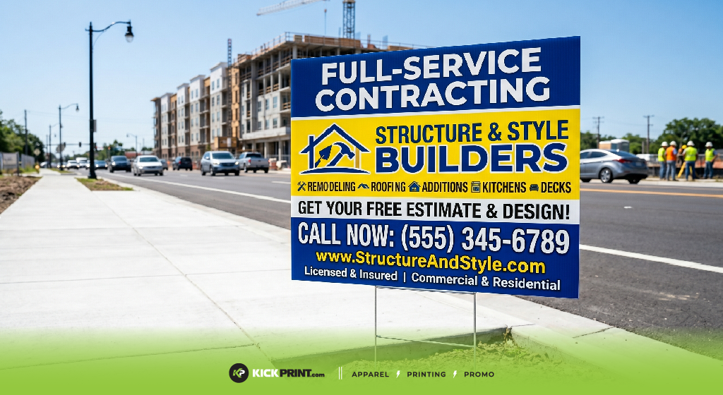 A blue and yellow roadside yard sign advertises Structure & Style Builders, offering remodeling, roofing, additions, kitchens, and decks. The sign displays contact info and website, with buildings and a sidewalk visible in the background.