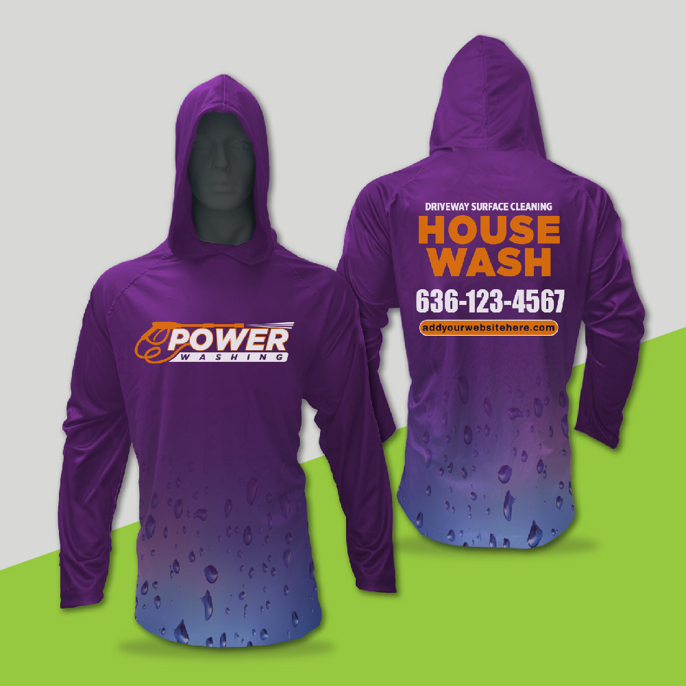 Purple hooded shirts with water droplet patterns shown front and back. Crafted using dye sublimation printing, the front displays a Power Washing logo, while the back advertises driveway surface cleaning with bold text and contact information.
