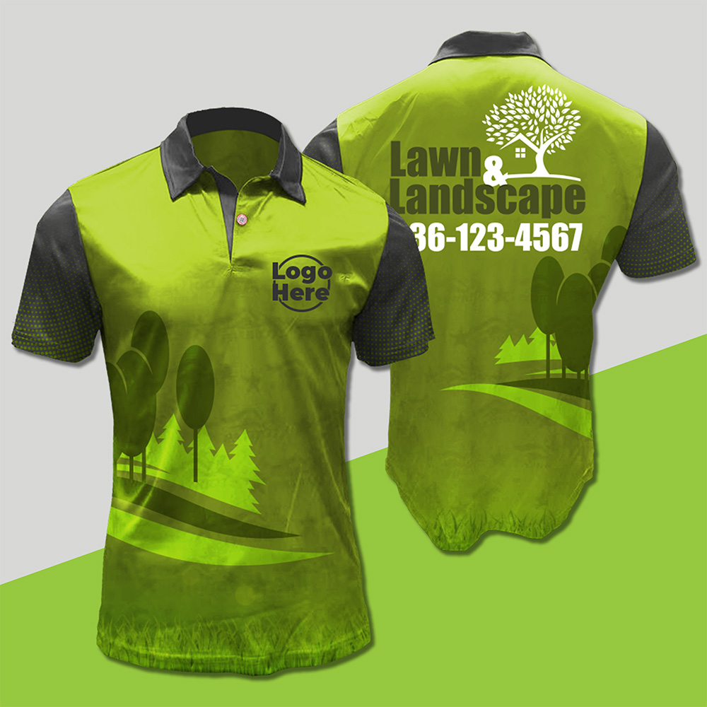 Two green and black custom company shirts featuring a landscape design with trees. Lawn & Landscape, plus a house and tree graphic with phone number, are on the back. The front has Logo Here—made with vibrant dye sublimation printing.