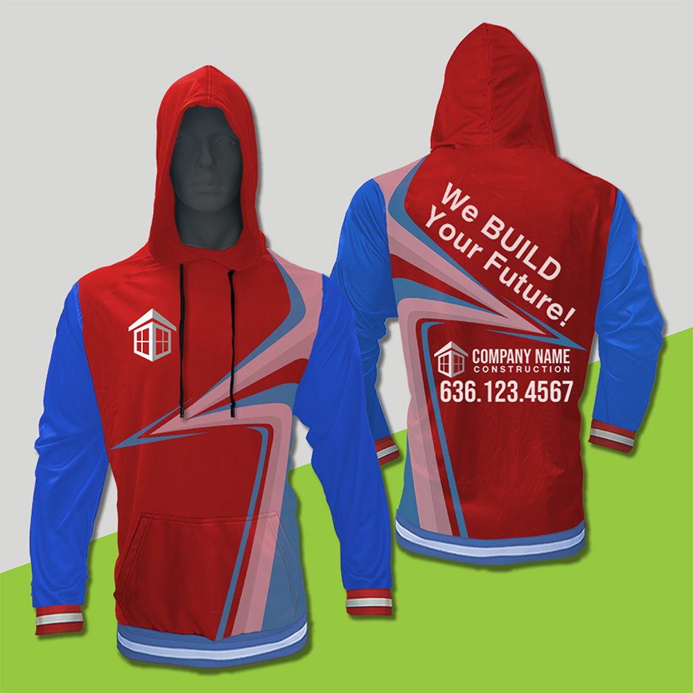 Front and back view of a red, blue, and gray hoodie with a white construction logo on the front and "We BUILD Your Future!", company name, and phone number on the back. Mannequin modeling this custom apparel—perfect for power washing companies apparel needs.