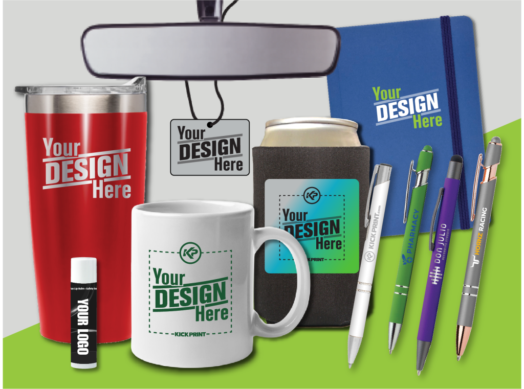 A variety of customizable promotional items—tumbler, mug, lip balm, air freshener, can cooler, notebook, and several pens—perfect for St. Louis businesses, all featuring Your Design Here placeholders for branding.