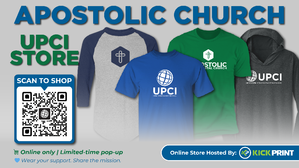 Five UPCI Apostolic Churches branded shirts displayed above a QR code with “Scan to Shop.” Store details include “Online only,” and “Online Store Hosted By: Kick Print.”.
