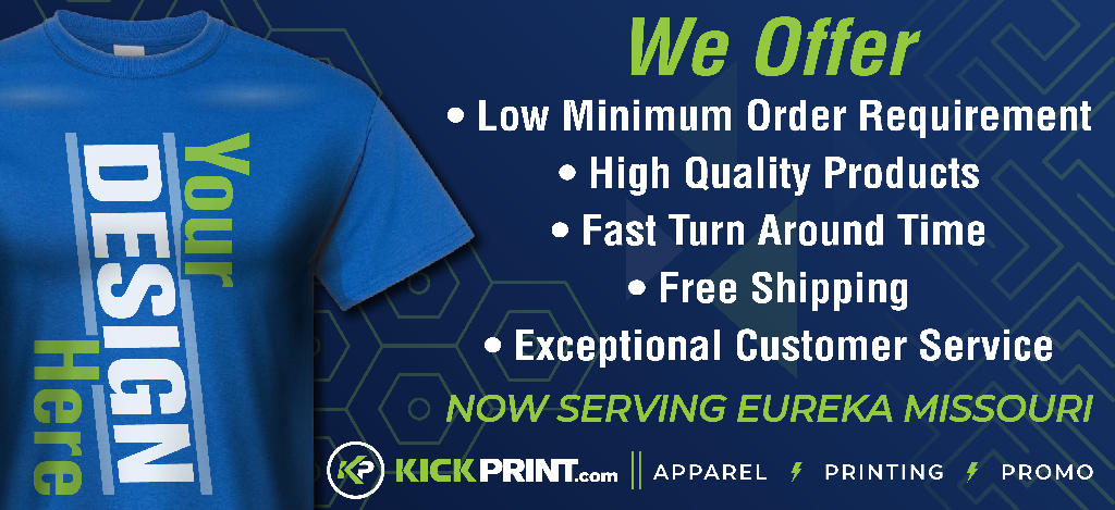 Blue t-shirt with Your DESIGN Here printed on it. Enjoy low minimum order, high quality, fast turnaround, free shipping, and exceptional service. Now proudly serving Eureka, Missouri. KickPrint—your apparel printing and promo experts!.
