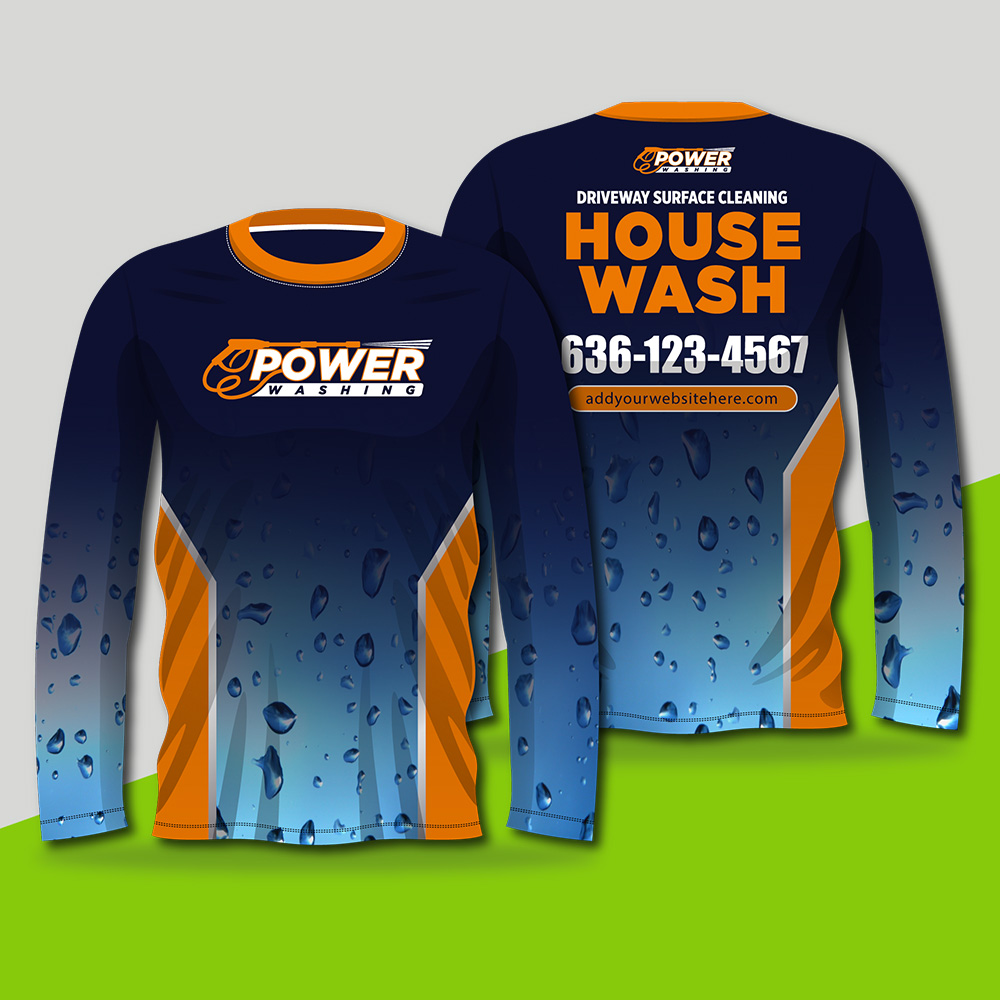 Two navy blue and orange long-sleeve shirts with water droplet graphics are made using full dye sublimation. The front features the Power Washing logo, while the back advertises house wash services with a phone number and website placeholder.