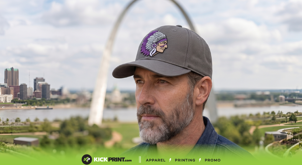 A bearded man wearing a gray hat with a cartoon Native American chief logo stands outdoors, the Pacific breeze blending with the Gateway Arch and St. Louis skyline behind him. Kick Print branding appears at the bottom of the image.