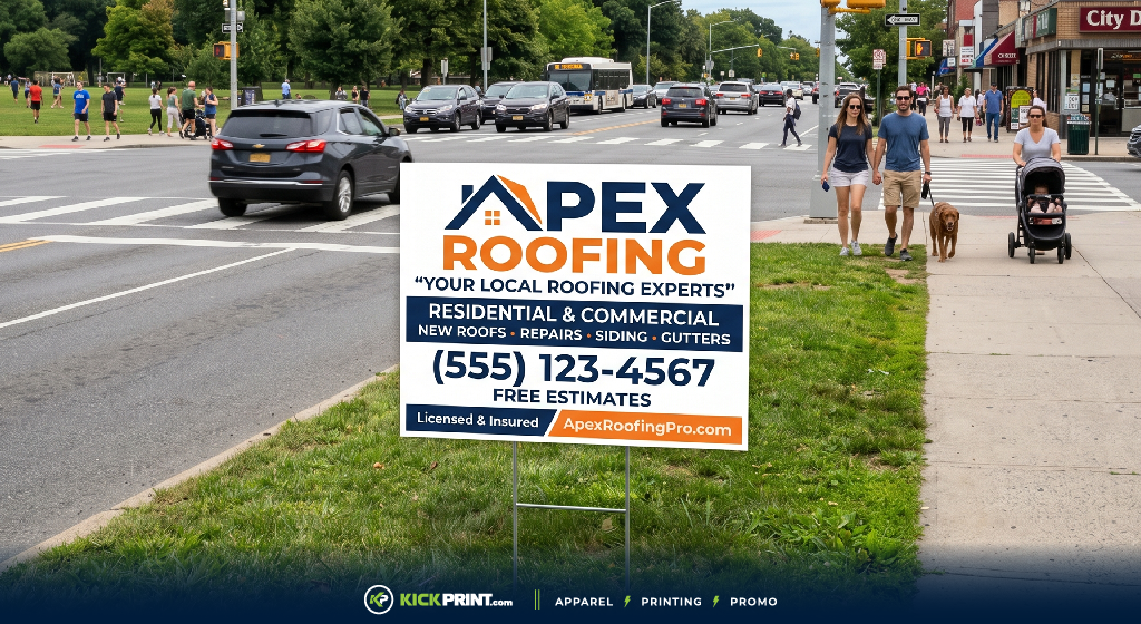 A Yard Sign for Apex Roofing stands on a grassy sidewalk, advertising roofing services with contact info. People walk by, traffic passes, and shops line the street in the background.
