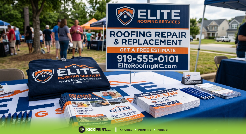 A display table at an outdoor event showcases roofing promotional products from Elite Roofing Services—T-shirts, brochures, pens, and more—plus a sign advertising repair and replacement services with contact details for effective roofer marketing.
