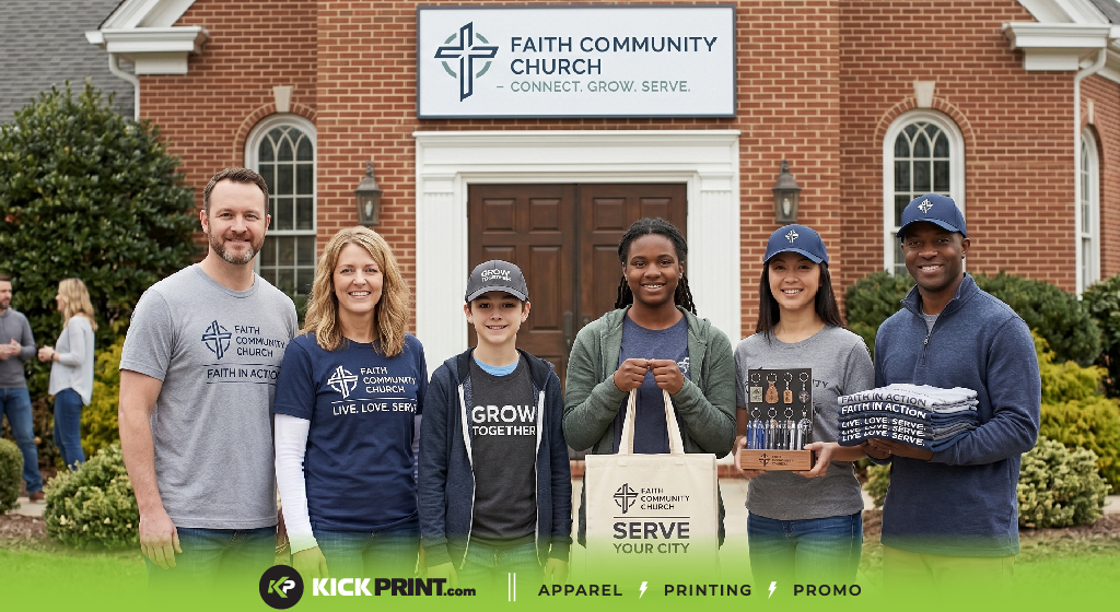 Six people stand smiling in front of Faith Community Church, holding church-branded shirts, totes, and water bottles—great examples of church marketing and promotional products. They wear casual clothing with church logos by the sign and arched doors.