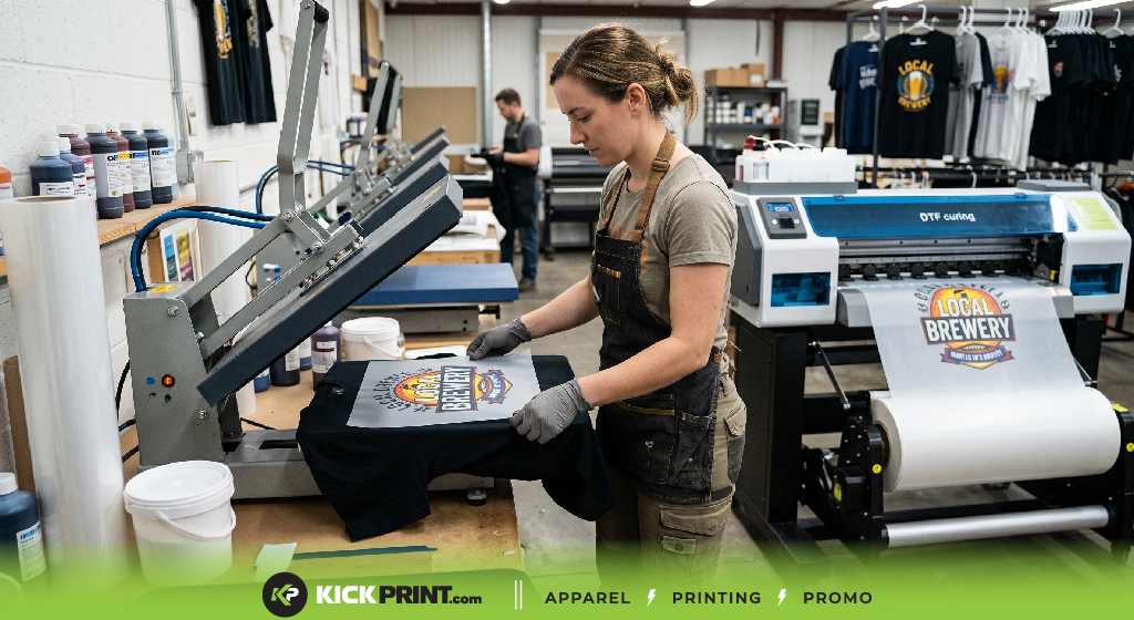 A woman experiences a Eureka moment as she uses a heat press machine to transfer a “Local Brewery” logo onto a black t-shirt in a printing workshop, surrounded by printers and ink bottles on nearby tables.