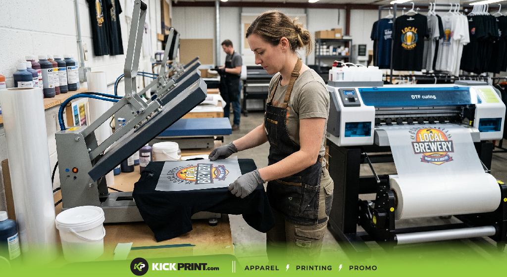 A woman wearing an apron and gloves operates a heat press machine in Eureka, printing a “Local Brewery” design onto a black t-shirt in a print shop. Various ink bottles and printed designs are visible nearby.
