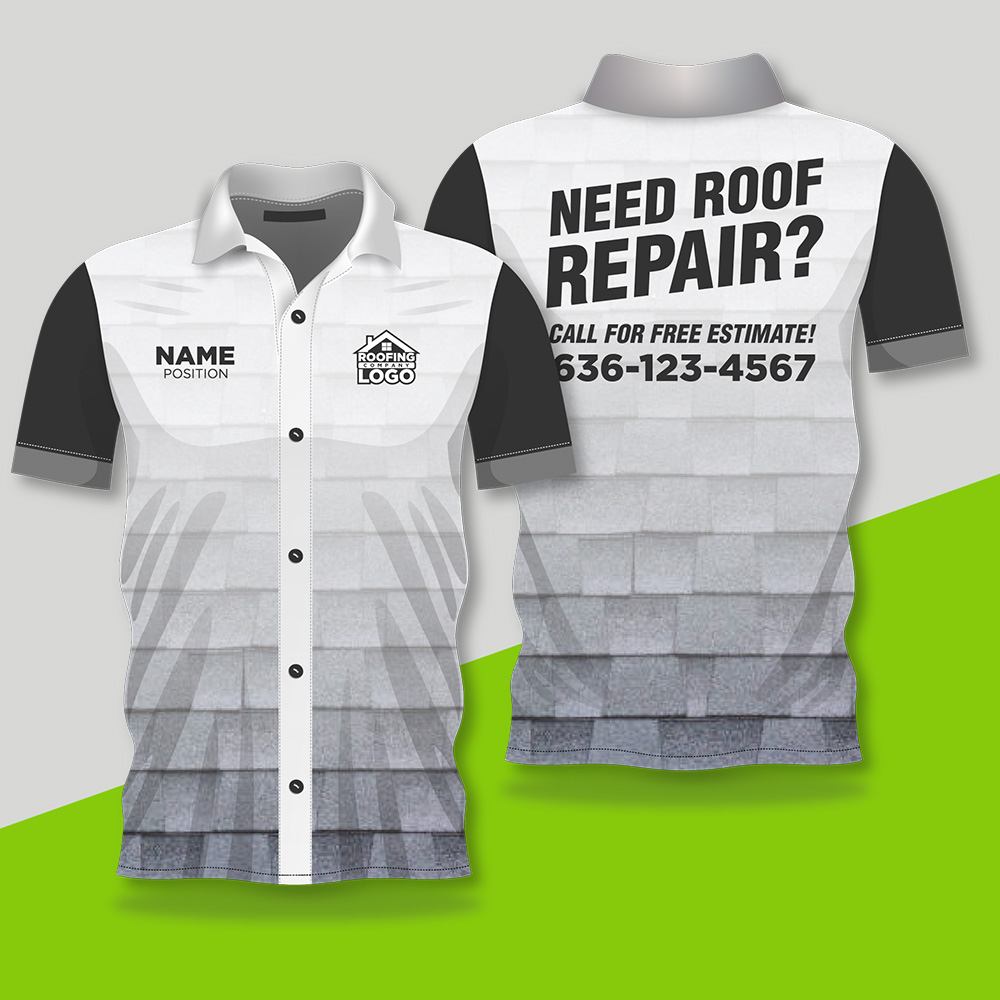 Front and back view of a work shirt featuring a shingle roof pattern created with full dye sublimation. The front displays a logo and space for name and position, while the back promotes your roofing company apparel and contact info.