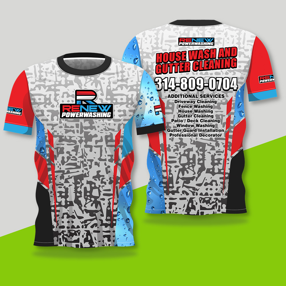 Front and back view of a colorful Renew Powerwashing T-shirt made with Dye Sublimation Printing, featuring contact info, a bold logo, cleaning services list, blue water drop graphics, and geometric patterns in gray, red, black, and light blue.