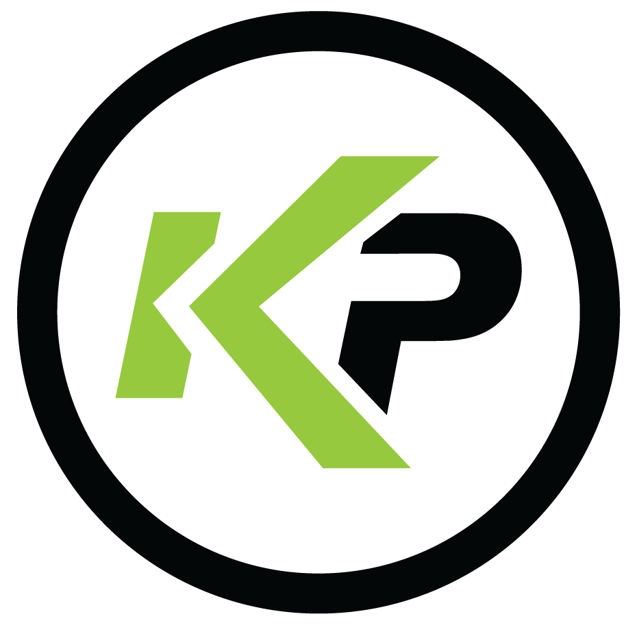 A bold, stylized green KP logo with sharp angles, set against a black background and enclosed within a thin black circle.
