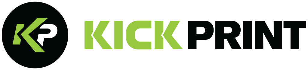 Kick Print logo with a green and white KP monogram inside a black circle, followed by the words KICK PRINT in bold, green and black letters.