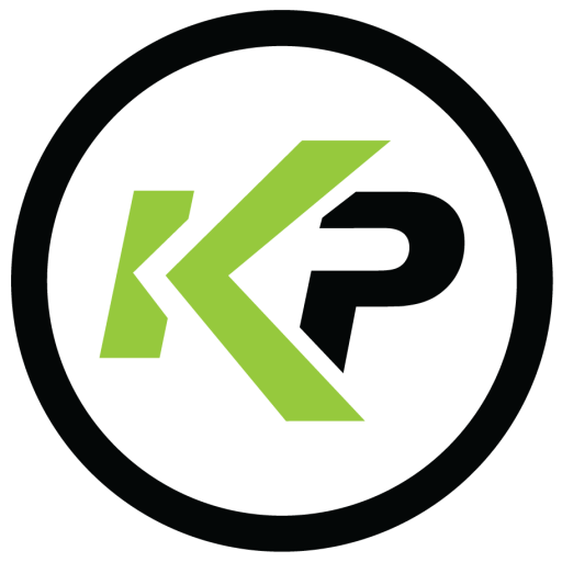 A black circle containing the letters K and P in a bold, modern font. The K is lime green, while the P is black with a green diagonal line forming part of its shape.