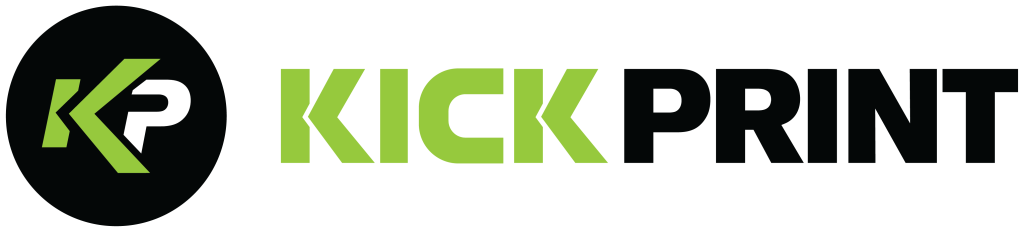 Logo for Kick Print featuring a stylized KP in green and white inside a black circle, with the words KICK PRINT in bold green and black text to the right.