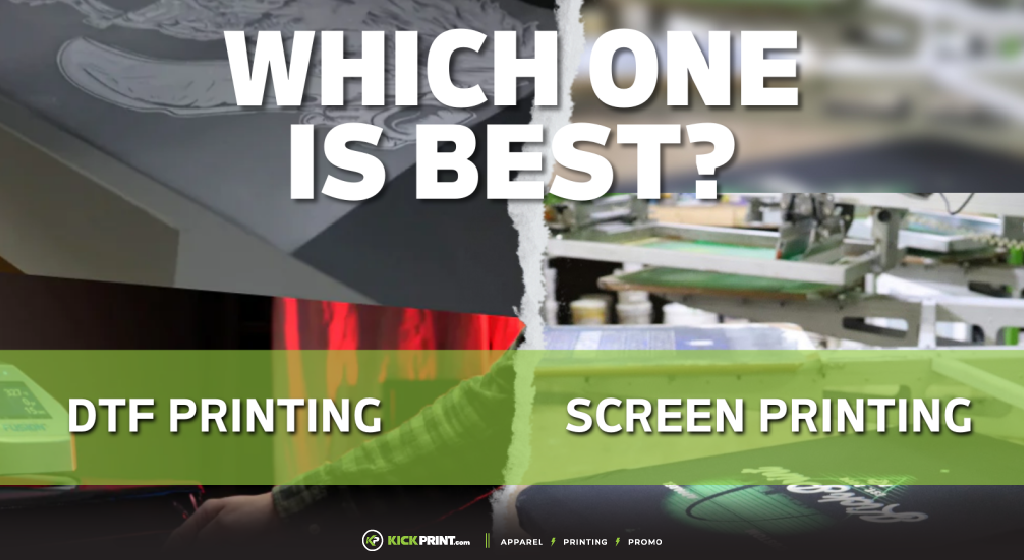 Split image comparing DTF and Screen Printing, with the text “Which one is best?” at the top. The left side highlights DTF printing, while the right side displays Screen Printing equipment and shirts.