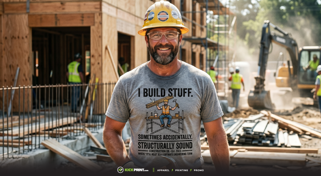 A smiling construction worker in a hard hat and glasses stands at a busy site. His construction T-shirt adds humor with, "I build stuff. Sometimes accidentally. Structurally sound," plus a cartoon worker on a beam—boost your business with style!.