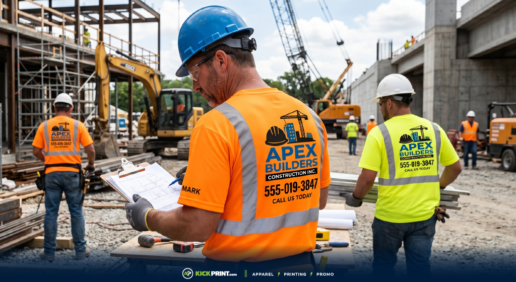 Construction workers in safety colored t-shirts and high-visibility vests marked Apex Builders work at a busy construction site with cranes, scaffolding, and building materials. One worker reviews documents on a clipboard.