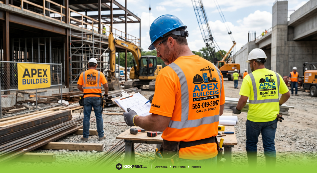 Construction workers in bright safety vests, safety colored t-shirts, and hard hats work at an active construction site with steel beams, machinery, and cranes. One writes on a clipboard while others move materials. APEX BUILDERS signs are visible.