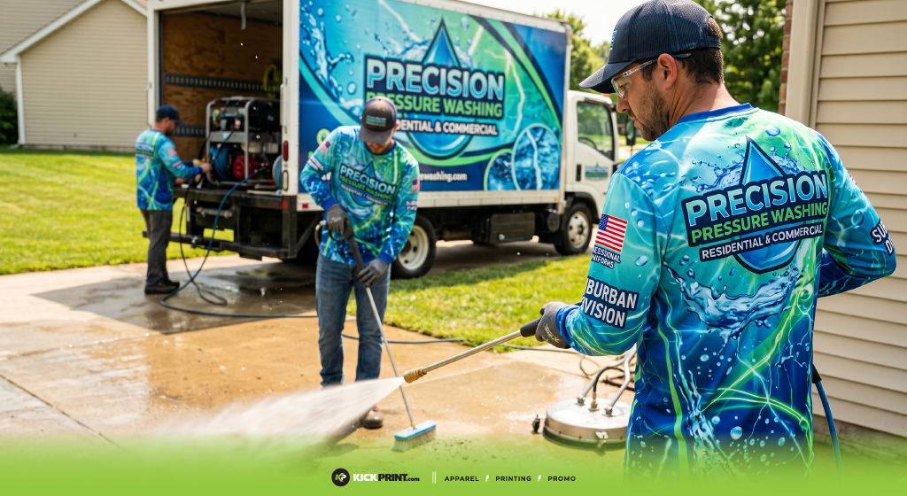 Three workers in custom uniforms featuring blue Precision Pressure Washing shirts clean a driveway with pressure washers near a branded company truck on a sunny day in a residential neighborhood.