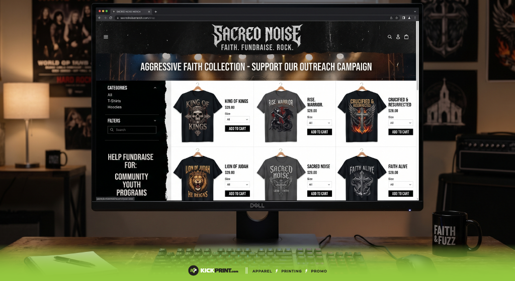 A computer monitor displays an online store for “Sacred Noise” selling faith-themed rock band T-shirts as part of the ultimate fundraiser. The desk features a keyboard, lamp, books, and a branded mouse pad reading “FAITH & FUZZ.”.