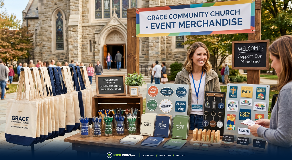 A smiling woman stands at an outdoor church event merchandise booth displaying church promotional items like tote bags, mugs, and books. A banner reads Grace Community Church – Event Merchandise. The church building stands in the background.