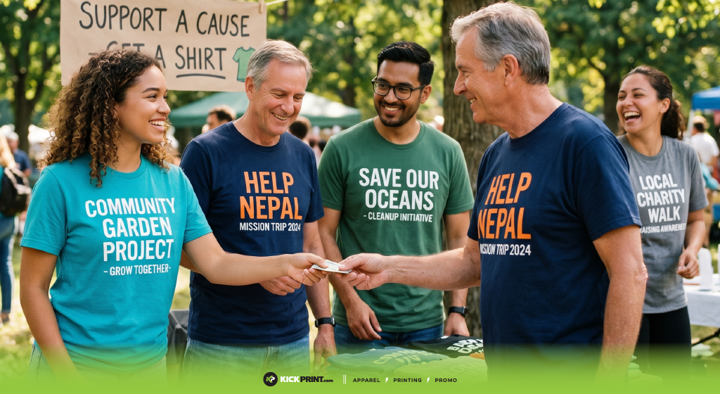 A diverse group smiles and exchanges money at an outdoor fundraising event. Sporting t-shirts for causes like a community garden, ocean cleanup, and a Nepal mission trip, they stand by a sign encouraging everyone to support a cause.