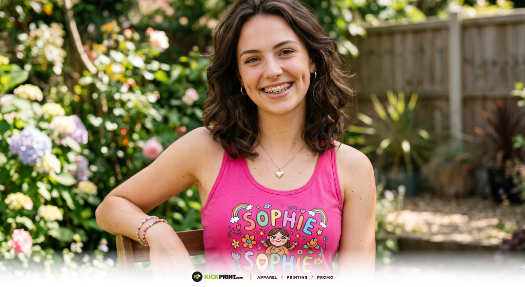 A young woman with curly brown hair smiles outdoors in a garden, wearing a pink tank top that says SOPHIE with cartoon characters and flowers—showcasing personalized fashion. Colorful flowers and greenery bloom in the background.