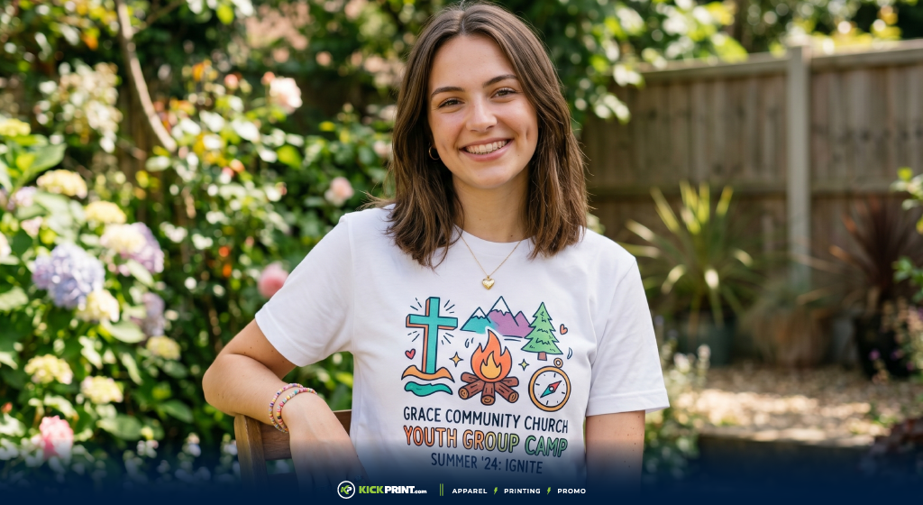 A young woman with shoulder-length brown hair smiles outdoors, wearing a creative church shirt from the Grace Community Church Youth Group Camp. She stands in a sunlit garden with greenery and flowers, showing off camp-themed graphics perfect for youth group shirts.